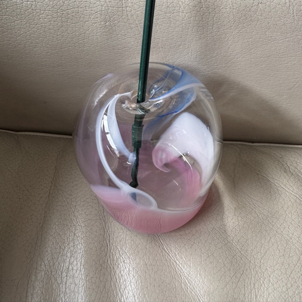 JOHN PHILLIPS ART GLASS VASE SINGED 1984 swirly pink and blue.